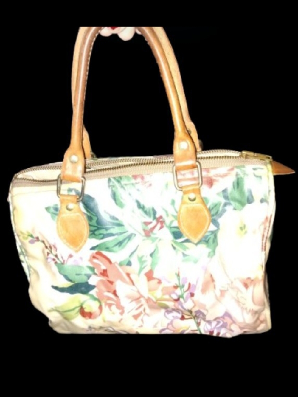 Floral Canvas Satchel with Tan Handles